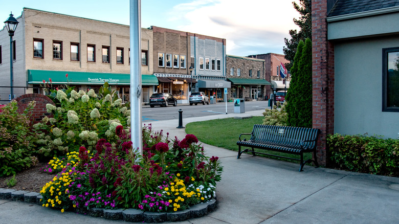 downtown area of Franklin North Carolina with flowers and bench in foreground