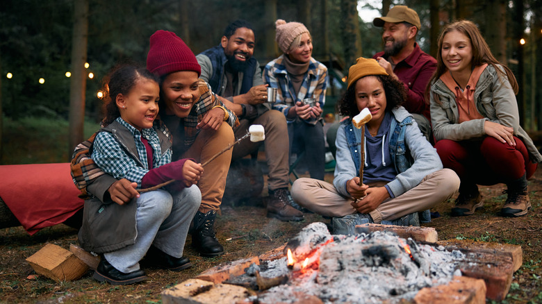 families roasting marshmallows over campfire