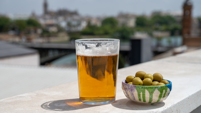 Beer and olives on a rooftop in Spain