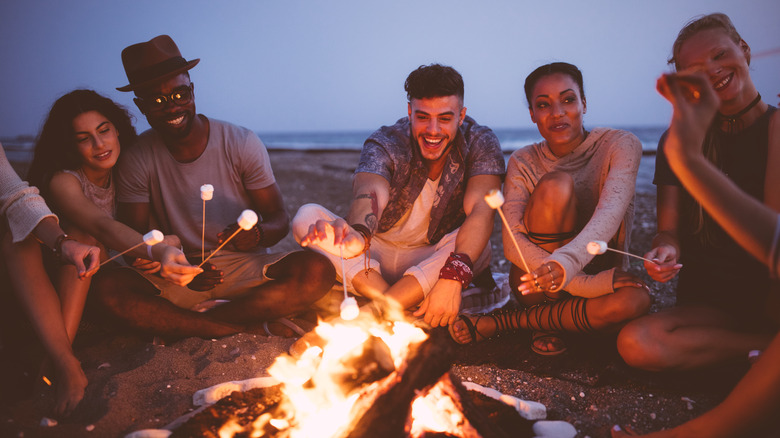 Friends roasting marshmallows around campfire