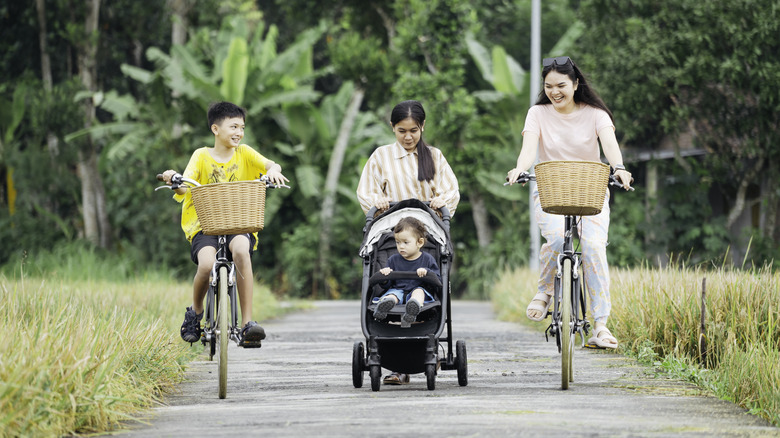 Family biking on vacation