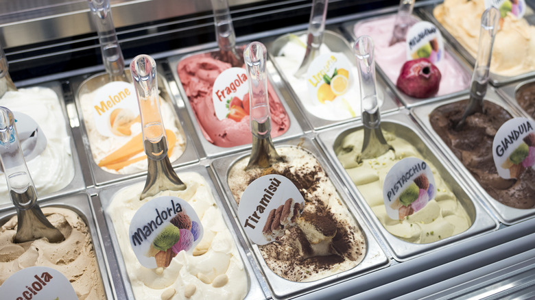 Gelato in metal trays in Italy