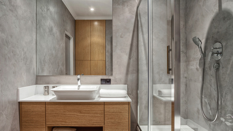 Hotel bathroom with a mirror