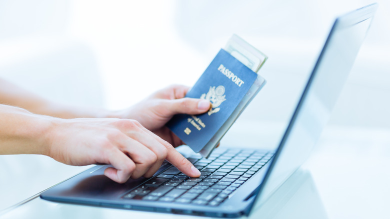 person holding passport using laptop