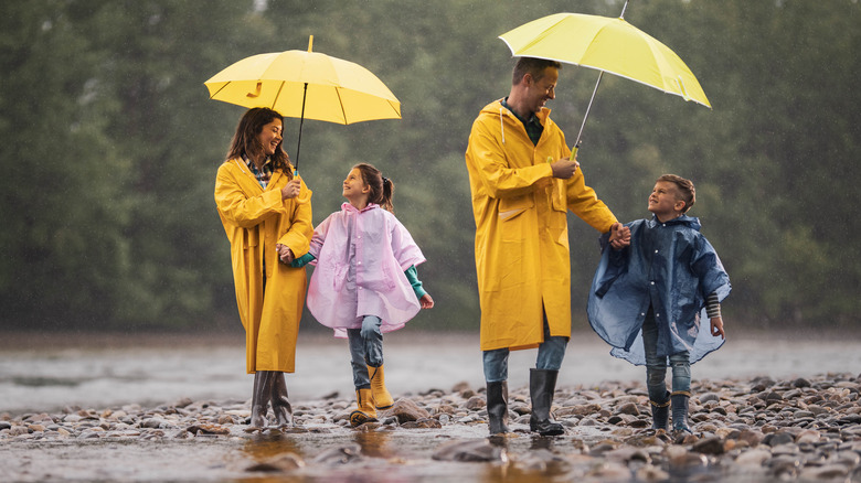 family in wet weather gear