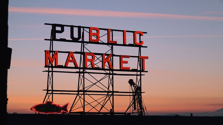 market sign against sunset