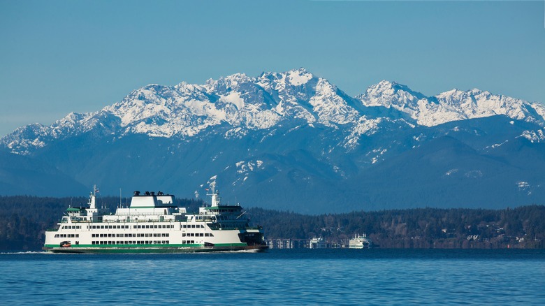 ferry boat and mountains