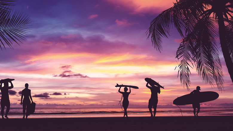 Surfers walking on beach at sunset