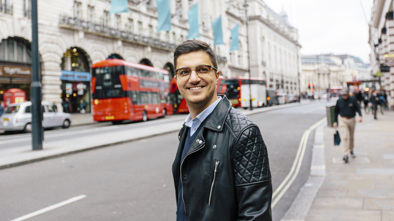 Smiling traveler on London street