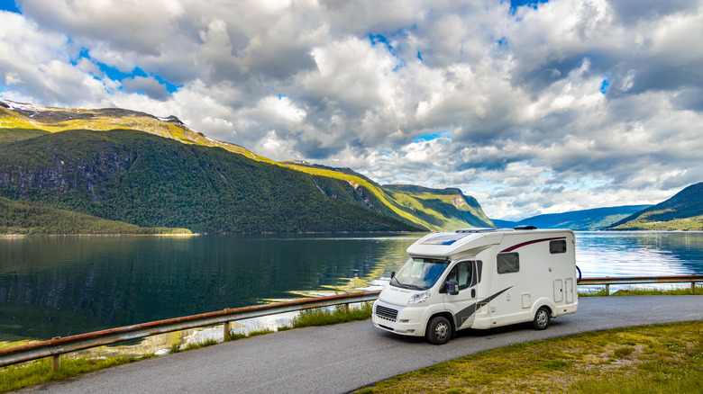 RV driving with scenic background