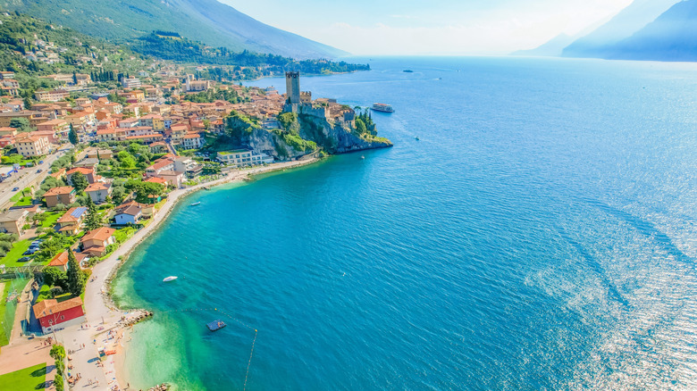 Aerial view of the castle in Malcesine on Lake Garda, Italy