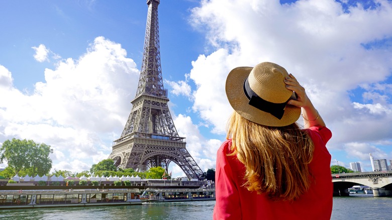 Woman looking at Eiffel Tower
