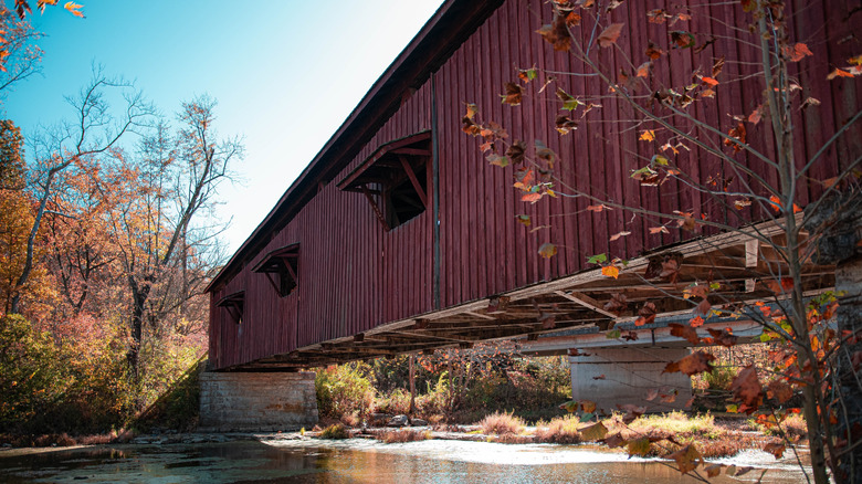 Red covered bridge near Cataract Falls