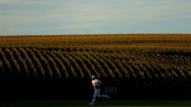 Baseball player running through a field backed by rows of wheat