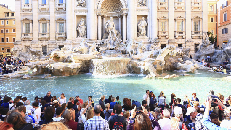 A large group gathers in front of the Trevi Fountain in Rome