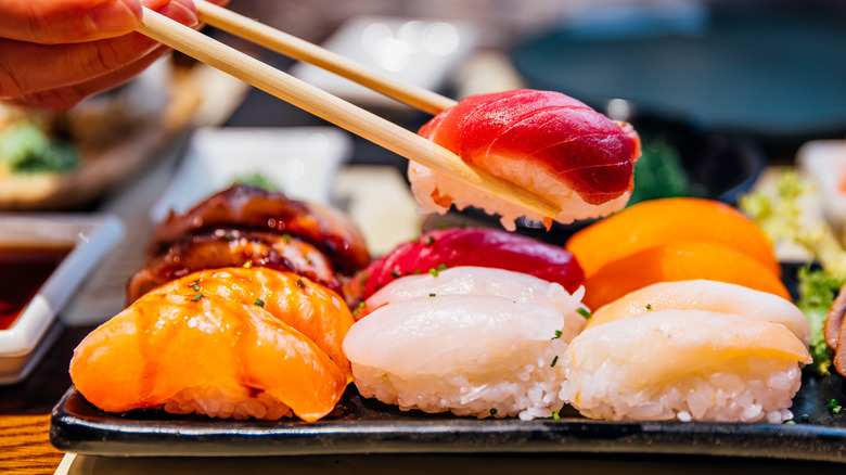 Different types of sushi on a plate