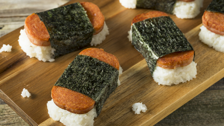 Spam musubi rice balls cutting board