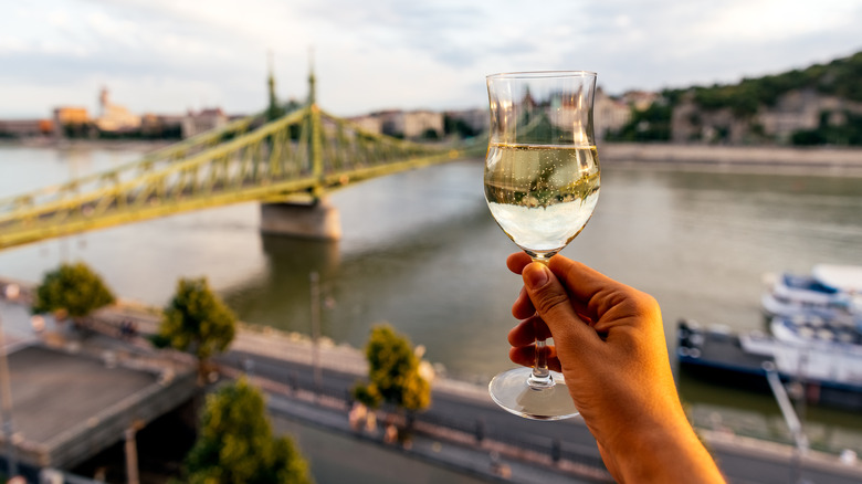 wine glass, river, bridge