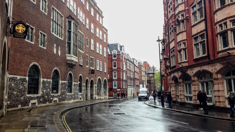 rainy buildings and street, Britain