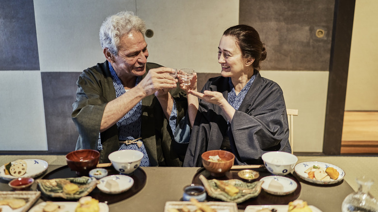 couple wearing yukata eating meal