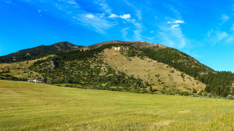 White letter 'M' on mountain near Bozeman, Montana