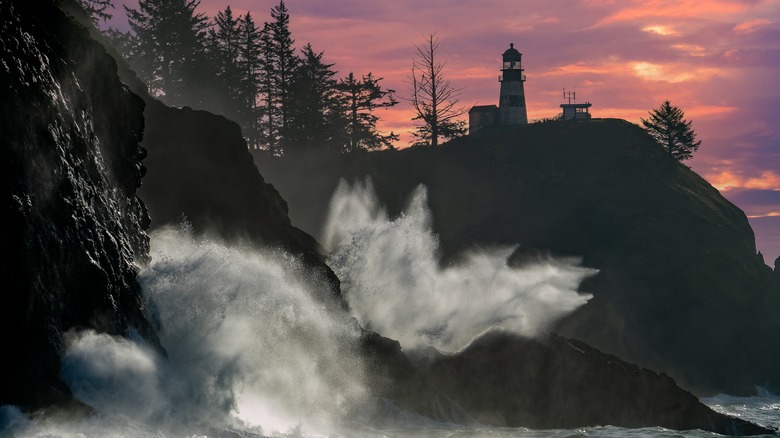 Cape Disappointment lighthouse and waves