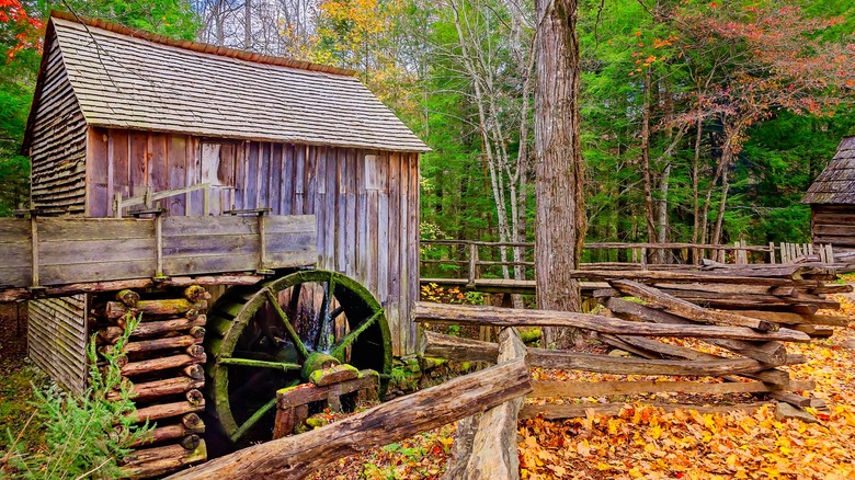 Wooden watermill autumn leaves Cades Cove