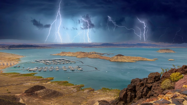 a storm over a marina on Lake Mead