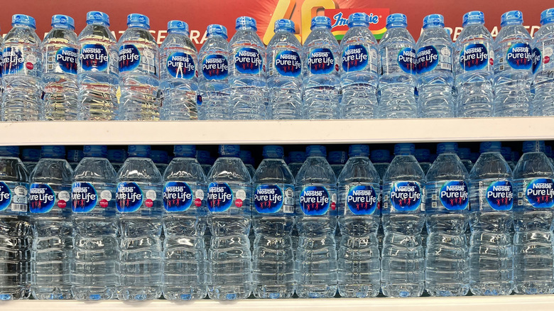 Bottled water on shelves