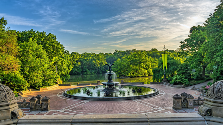 Fountain on terrace surrounded by trees in Central Park