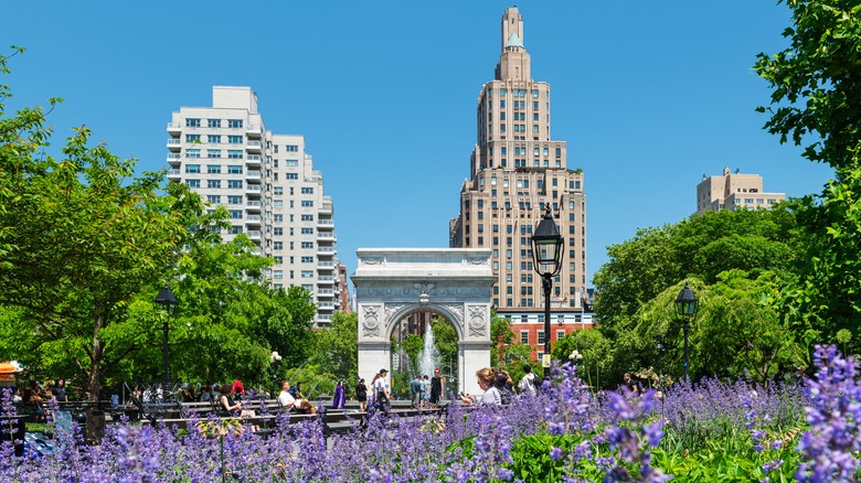 Archway and flowers on sunny day in NYC