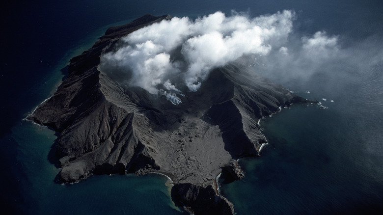 Aerial view of New Zealand's active Whakaari volcano