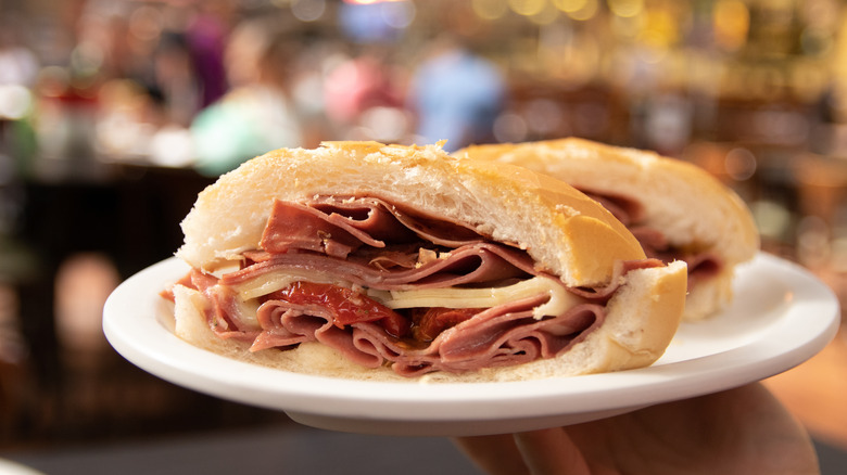 closeup of mortadella sandwich