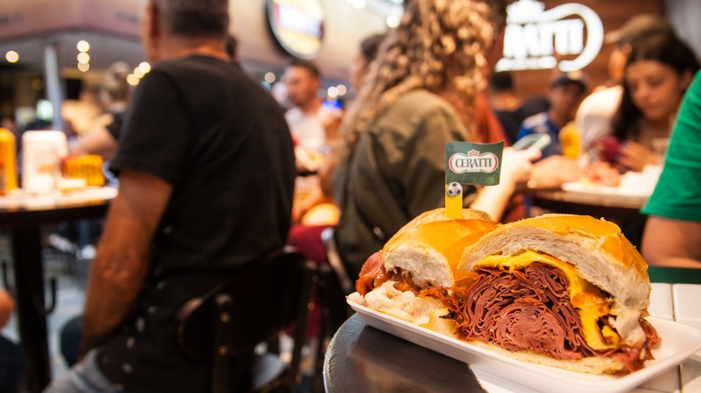 Famous mortadella sandwich busy market