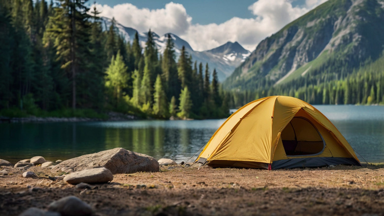 Yellow camping tent in front of a lake, mountains and woods