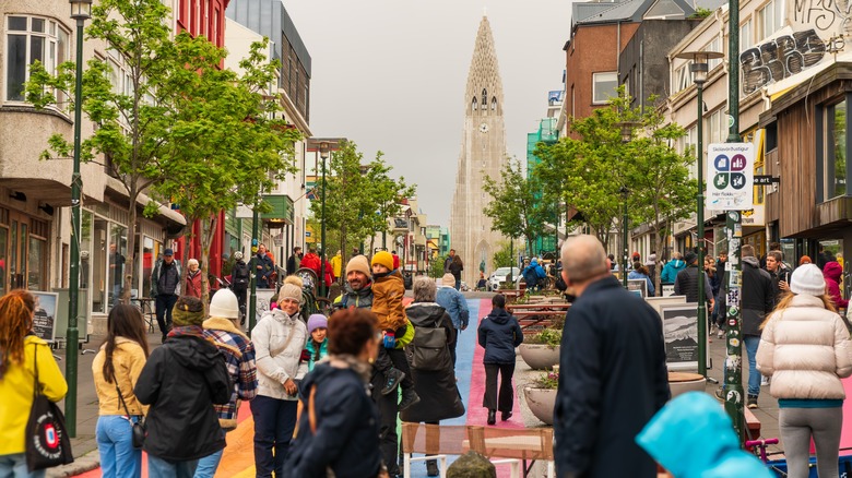 Crowds walking in a street