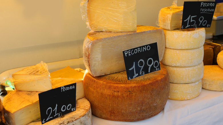 Italian pecorino cheese wheels on display