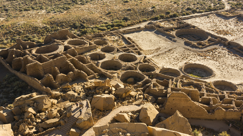 aerial view of stone ruins in desert