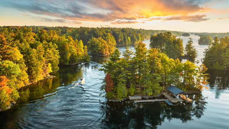 tree-covered islands on a lake