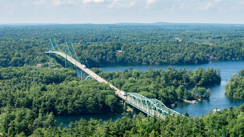 bridge over river with forests