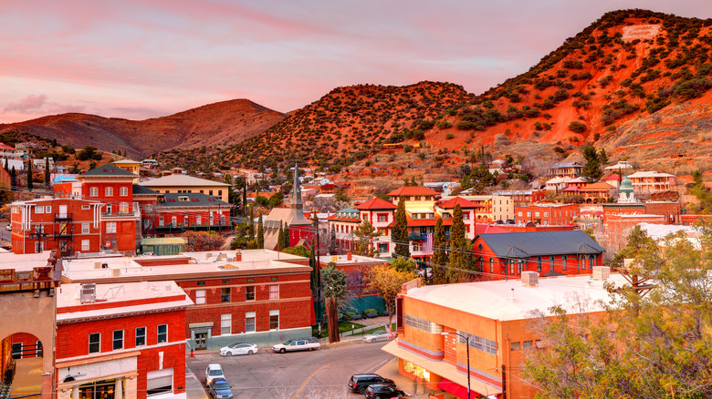 downtown Bisbee, Arizona at sunset