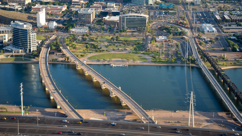 An aerial view of Tempe Town Lake