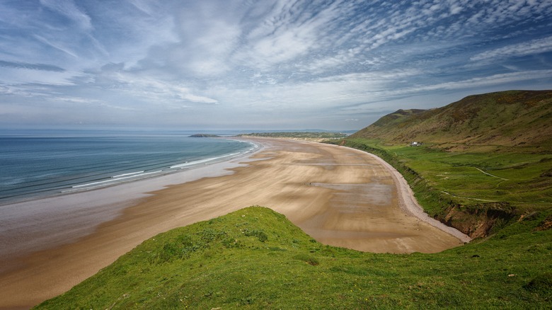 aerial view of rhossili bay beach wales