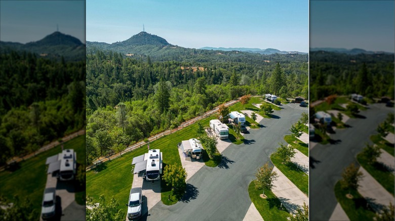 Aerial view of RV resort and mountains