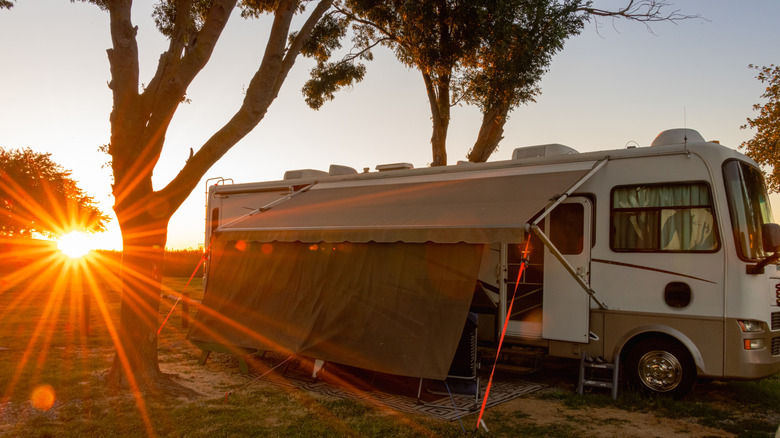 Parked RV at sunset