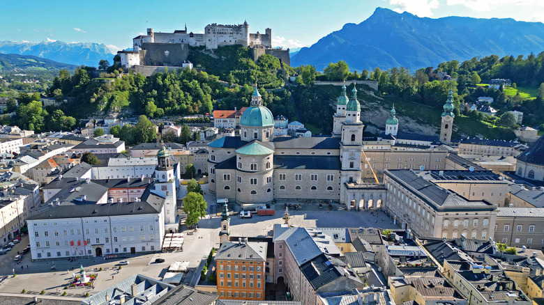 Aerial view of Residenzplatz and Salzburg Cathedral