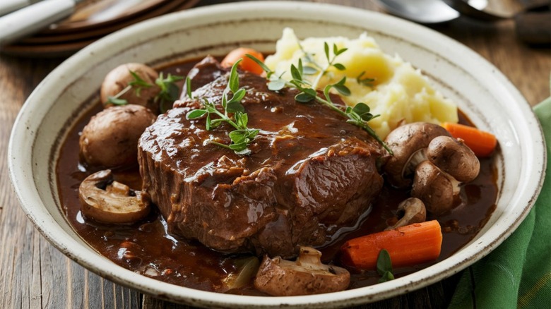 A close up shot of a French beef dish in savory sauce