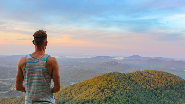 A man looks out at a panoramic view of the Blue Ridge Mountains