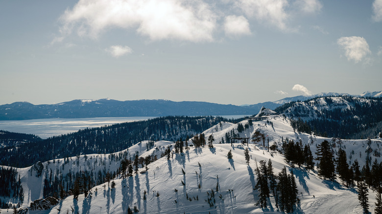 aerial view of lake tahoe and snowy mountains