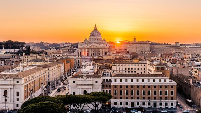 Sunset over rooftops in Rome